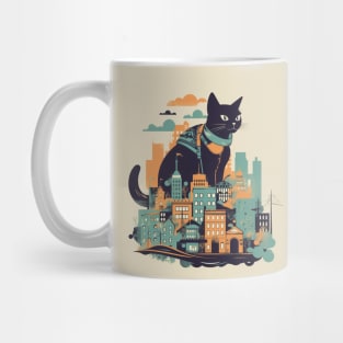 Black cat sitting in front of a colourful city Mug